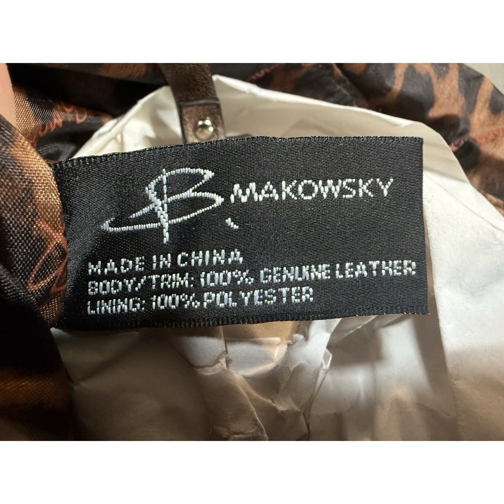 B Makowsky Leather Shoulder Bag Brown Distressed Large Hobo Leopard Lining - Picture 7 of 12